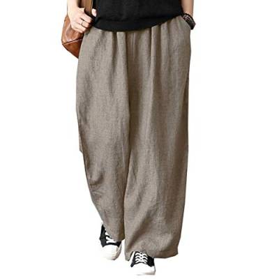 Damen Pluderhosen Elastische Taille Solid Wide Leg Hose Baggy Lose Baumwolle Leinenhose (EU 40 (Label:L), Khaki) von Siehin