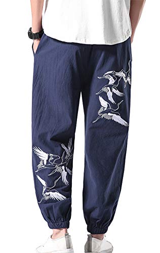 Herren Retro Elastisch Taille Chinese Style Stickhose Baggy Leinenhose Haremshose Freizeithose (Blau, EU XL =Asia 3XL) von Siehin