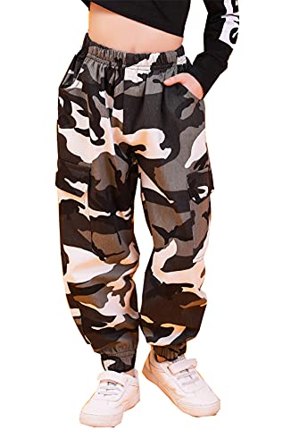 Kinder Cargo Hose Elastische Taille Camouflage Jogginghose für Mädchen Street Hip Hop (Grau, 160-165) von Siehin