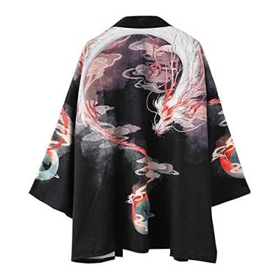 Siehin Damen Frühling-Sommer Drache-Druck Kimono Cardigan Japan Happi Kimono Jacke Yukata Coat Ukiyoe Baggy Tops (L (Tag XL), Schwarz 1) von Siehin