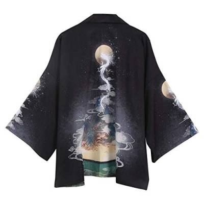 Siehin Damen Frühling-Sommer Drache-Druck Kimono Cardigan Japan Happi Kimono Jacke Yukata Coat Ukiyoe Baggy Tops (M (Tag L), Schwarz 2) von Siehin