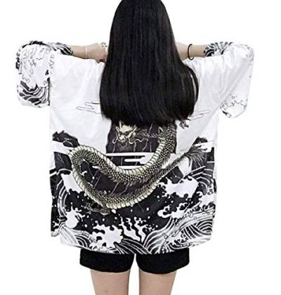 Siehin Damen Kimono Cardigan Japan Happi Kimono Frühling-Sommer Jacke Yukata Coat Ukiyoe Baggy Tops Einheitsgröße (Weiß Drache) von Siehin