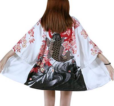 Siehin Damen Kimono Cardigan Japan Happi Kimono Frühling-Sommer Jacke Yukata Coat Ukiyoe Baggy Tops Einheitsgröße (Weiß Fisch) von Siehin
