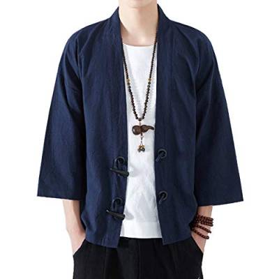 Siehin Herren Baumwollleinen Mäntel Japan Happi Kimono Haori Jacke Übergangsjacke Strickjacke (Blau, M-L) von Siehin