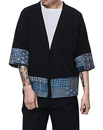 Siehin Herren Japan Happi Kimono Haori Jacke Übergangsjacke Baumwolle Leinen Mäntel (M (Label:XL), Schwarz) von Siehin