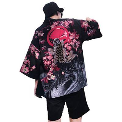 Siehin Herren Kimono Cardigan Japan Happi Kimono Frühling-Sommer Jacke Yukata Coat Ukiyoe Baggy Tops (M (Label:XL), Schwarz) von Siehin