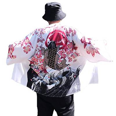 Siehin Herren Kimono Cardigan Japan Happi Kimono Frühling-Sommer Jacke Yukata Coat Ukiyoe Baggy Tops (XS (Label:M), Weiß) von Siehin