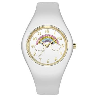 Silverora Kinderuhr Silikon Regenbogenmuster Uhr Studenten- 3ATM Wasserdicht Analoge Quarz Armbanduhr Silikonarmband Studentenuhr mit Arabische Zahlenskala Geschenke für Mädchen Jugendliche weiß von Silverora