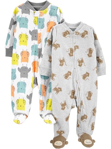 Simple Joys by Carter's Unisex Baby Schlaf- und Spielanzug aus Fleece mit Füßen, 2er-Pack, Grau Affe/Weiß Eule, 0 Monate von Simple Joys by Carter's