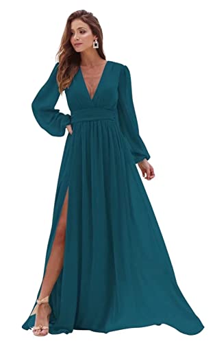 Sincemeet V-Ausschnitt langärmelig Brautjungfernkleid Chiffon, plissiert formelle Abendkleider für Damen mit Schlitz von Sincemeet