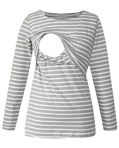 Smallshow Damen Stillshirt Umstandsmode T-Shirt Umstandstop Umstandsshirt Schwangerschaft Kleidung Stilltop Langarmshirt Grey Stripe M von Smallshow