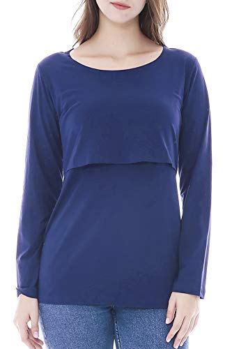 Smallshow Damen Stillshirt Umstandsmode T-Shirt Umstandstop Umstandsshirt Schwangerschaft Kleidung Stilltop Langarmshirt Navy M von Smallshow