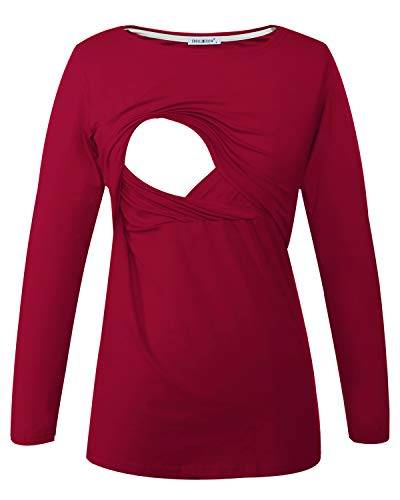 Smallshow Damen Stillshirt Umstandsmode T-Shirt Umstandstop Umstandsshirt Schwangerschaft Kleidung Stilltop Langarmshirt Wine XL von Smallshow