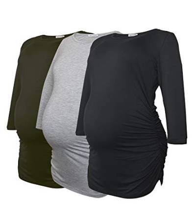 Smallshow Damen Schwanger Mutterschaft Oberteile 3/4 Ärmel Umstandsshirts Schwangere Tops Schwangerschafts Umstandstop 3er Pack,Black/Grey/Army Green,M von Smallshow