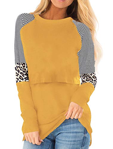 Smallshow Damen Stillshirt Langarm O-Neck Umstandsmode Tshirt Still Nursing Tops,Yellow,L von Smallshow