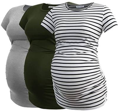 Smallshow Damen Umstandsmode Tops Seitlich Geraffte Schwangerschafts Umstandstop 3er Pack Army Green-Light Grey-White Stripe Small von Smallshow