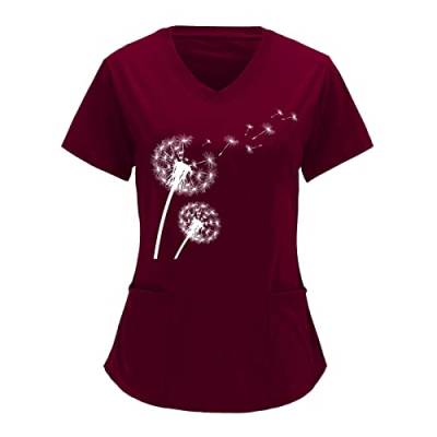 Snakell Kasack Damen Pflege Schlupfkasack Kurzarm V-Ausschnitt Kasack Bluse Oberteile Bunt Berufsbekleidung Krankenschwester mit Taschen Blusenhemd Schlupfhemd Nurses Uniformen (Wine-1, XL) von Snakell