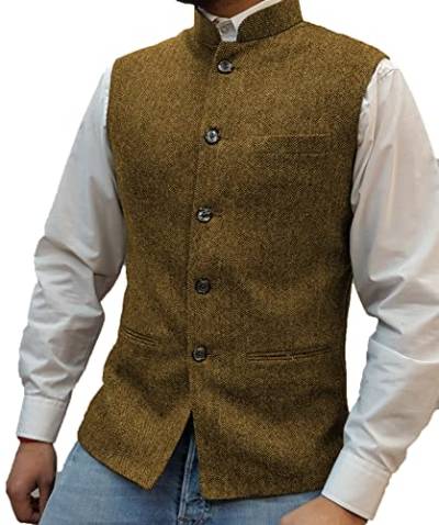 Herren Jahrgang Anzug Weste Hoher Kragen Wolle Tweed Weste für Hochzeits(Braun.XXL) von Solovedress