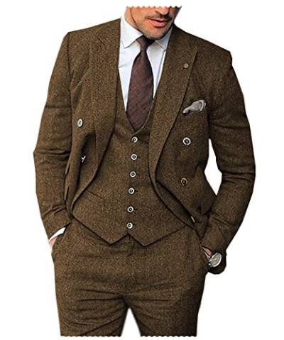 Solovedress Anzüge für herren 3 Teilig Klassischer Smoking Tweed-Wolle für Hochzeit (Blazer +Weste+ Hose)(Braun,4XL) von Solovedress