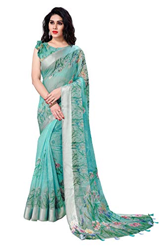 Sourbh Damen-Saree-Bluse, Polyester-Baumwollmischgewebe, bedruckt mit Blumen-Muster, Türkis, Grau, Einheitsgröße von SOURBH