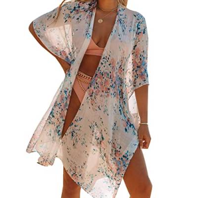 Southerly Strandvertuschung für Frauen Badeanzug Cover Up mit böhmischen Blumen Lose Casual Kimono Cardigan Seitenschlitz Chiffonbluse, Weiß/Blumen, Medium von Southerly