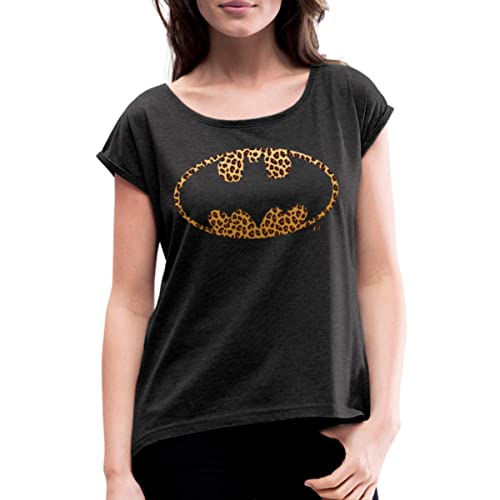 Spreadshirt Batman Bat Signal Leoprint Logo Frauen T-Shirt mit gerollten Ärmeln, M, Schwarz meliert von Spreadshirt