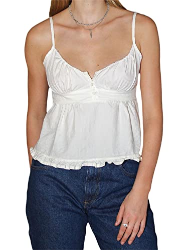 Frauen Sexy Rückenfreies Cami Top Spitzenbesatz Spaghettiträger Crop Top Y2k Low Cut Camisole Ästhetische Fee Streetwear, J-white, Small von Springcmy