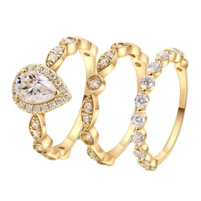 Stfery Ehering Damen Gold 585 Echtgold Ringe für Frauen 1ct Tropfen Moissanit Bandring Damen von Stfery