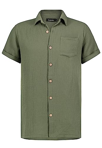 Sublevel Musselin Herren Kurzarmhemd Dark-Green M von Sublevel