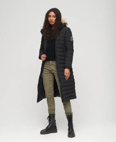 Superdry Women's Lang Geschnittener Fuji Steppmantel mit Kapuze Schwarz - Größe: 42 von Superdry