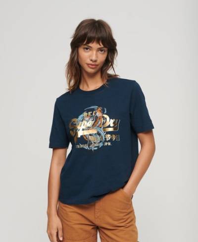 Superdry Women's T-Shirt mit Japanischem Vintage-Grafiklogo Marineblau - Größe: 36 von Superdry