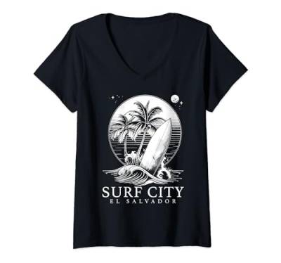 Damen Surf City El Salvador Souvenir Vintage Surfer T-Shirt mit V-Ausschnitt von Surf City El Salvador Apparel Co.