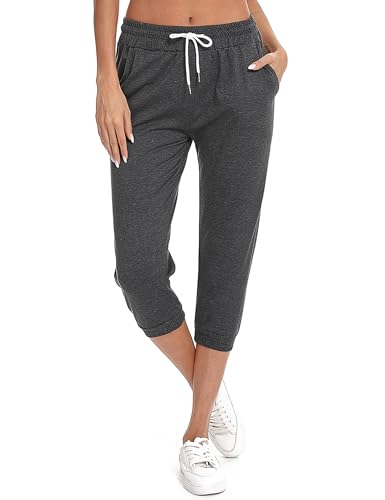 Sykooria Damen 3/4 Jogginghose Trainingshose High Waist Sporthose Yoga Hosen Freizeithose Sweathose Baumwolle für Laufen Yoga Fitness, Dunkelgrau M von Sykooria