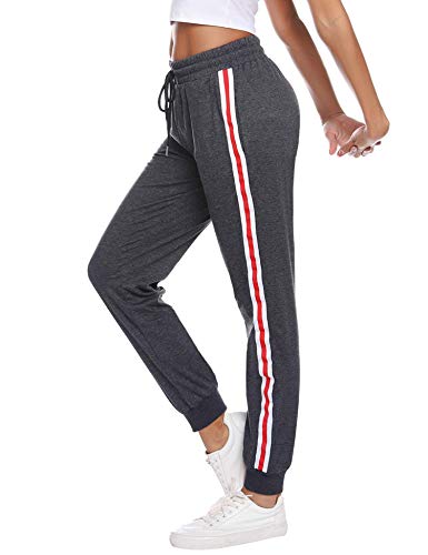 Sykooria Damen Jogginghose Sporthose Lang Yoga Hosen Freizeithose Laufhosen Baumwolle High Waist Trainingshose für Frauen mit Streifen-Streifen-dunkelgrau-XXL von Sykooria