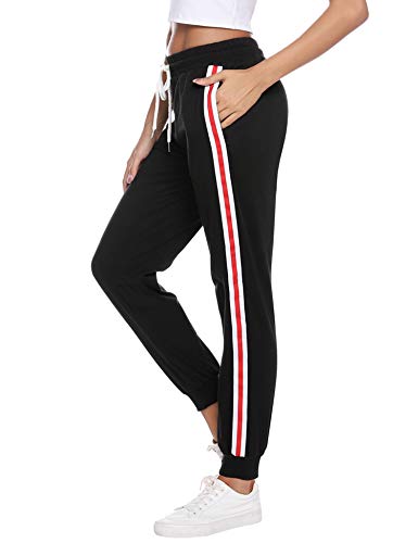 Sykooria Damen Jogginghose Sporthose Lang Yoga Hosen Freizeithose Laufhosen Baumwolle High Waist Trainingshose für Frauen mit Streifen-Streifen-schwarz-L von Sykooria