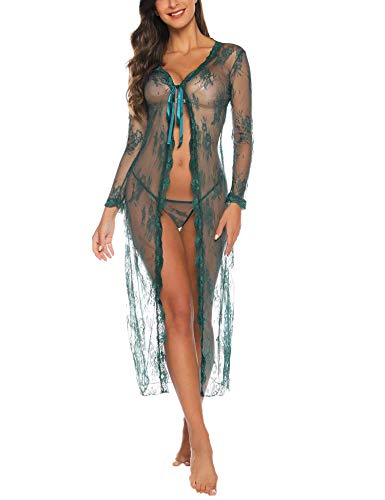 Sykooria Sexy Dessous Damen V-Ausschnitt Transluzente Spitze Kimono Reizwäsche Nachthemd Unterwäsche Sexy Set Negligee Sleepwear Kleid mit Tanga, Grün XXL von Sykooria