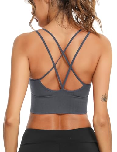 Sykooria Sport BH Damen Gepolstert Bustier Damen BH ohne Buegel Spaghettiträger Cross Back Design Push up BH Sport Bra Top für Yoga Fitness, Dunkelgrau, XL von Sykooria