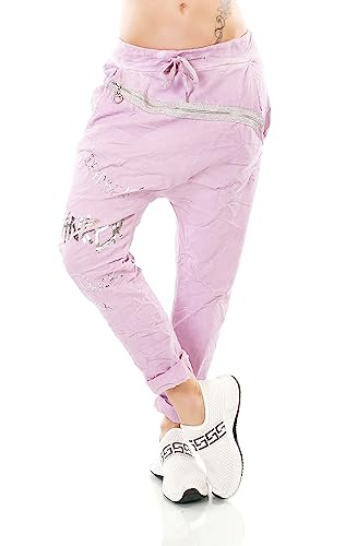 TA Fashion Italy Damen Freizeit Hose Haremshose Harem Jogpants Baggy Boyfriend Schriftzug Zipper 36-40 (Lila-Mod.3) von TA Fashion