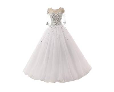 TANPAUL Brautkleid A-Linie Lang Tüll Perlen Glitzer Vintage Hochzeitskleid Langarm Rückenfrei Abendkleid Ballkleid Prinzessin Lang mit Schleppe Elfenbein 46 von TANPAUL