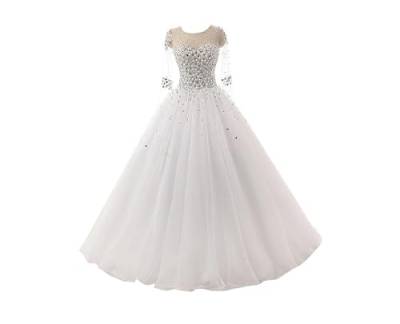 TANPAUL Brautkleid Tüll Perlen Glitzer Hochzeitskleid Langarm Rückenfrei Abendkleid Weiß 36 von TANPAUL