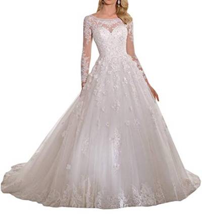 TANPAUL Brautkleider A-Linie Lang Spitze mit Langarm Spitzen Hochzeitskleider Prinzessin Lang mit U-Boot-Ausschnitt Elegant Hochzeit Abendkleid Ballkleid Spitze Lang Weiß 54 von TANPAUL