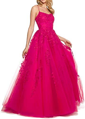 TANPAUL Spitzen Abendkleider Träger Kleider A-Linie Lang V-Ausschnitt Cocktailkleid Ballkleid Prinzessin Damen Spaghettiträger Kleid Brautjungfernkleid Spitze Lang Fuchsie 46 von TANPAUL