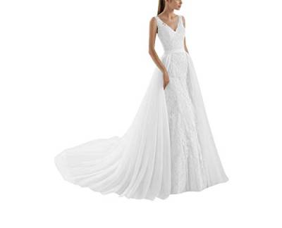 TANPAUL V-Ausschnitt Meerjungfrau Brautkleid Lang Abendkleid mit Abnehmbare Schleppe Weiß 32 von TANPAUL