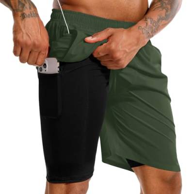 TENJOY Herren 2 in 1 Laufshorts 17,8 cm Schnell trocknende Fitness-Sport-Workout-Shorts mit Handytasche Grün L von TENJOY