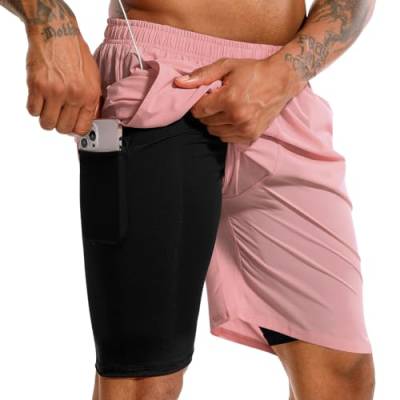 TENJOY Herren 2 in 1 Laufshorts 17,8 cm Schnell trocknende Fitness-Sport-Workout-Shorts mit Handytasche Hellrosa Farbe M von TENJOY