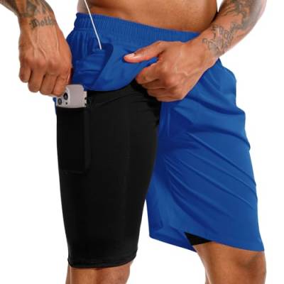 TENJOY Herren 2 in 1 Laufshorts 17,8 cm Schnell trocknende Fitness-Sport-Workout-Shorts mit Handytasche Königsblau XXL von TENJOY