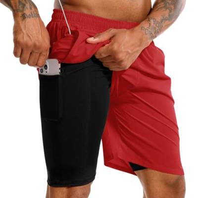 TENJOY Herren 2 in 1 Laufshorts 17,8 cm Schnell trocknende Fitness-Sport-Workout-Shorts mit Handytasche Rot L von TENJOY