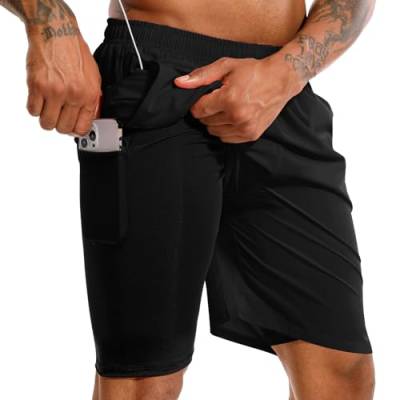 TENJOY Herren 2 in 1 Laufshorts 17,8 cm Schnell trocknende Fitness-Sport-Workout-Shorts mit Handytasche Schwarz L von TENJOY