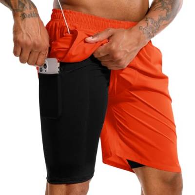 TENJOY Herren 2 in 1 Laufshorts 17,8 cm Schnell trocknende Fitness-Sport-Workout-Shorts mit Handytasche orange M von TENJOY