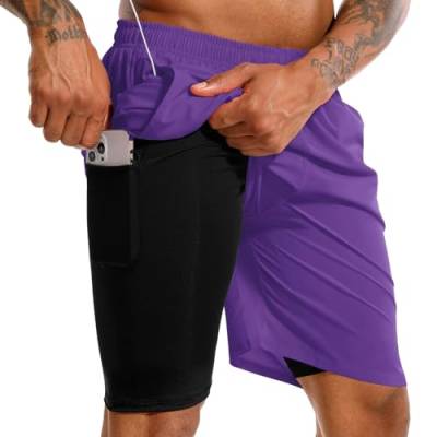 TENJOY Herren 2 in 1 Laufshorts 17,8 cm Schnell trocknende Fitness-Sport-Workout-Shorts mit Handytasche violett L von TENJOY